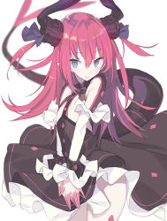 Rule 34 | 10s, 1girl, black dress, black ribbon, blade (galaxist), blue eyes, blurry, blurry background, blush, curled horns, depth of field, detached sleeves, dragon girl, dragon horns, dragon tail, dress, elizabeth bathory (fate), elizabeth bathory (fate/extra ccc), elizabeth bathory (first ascension) (fate), fate/extra, fate/extra ccc, fate (series), hair between eyes, hair ribbon, horns, long hair, long sleeves, looking at viewer, parted lips, pink hair, ribbon, simple background, solo, tail, two side up, very long hair, white background