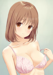 Rule 34 | 1girl, blush, bra, breasts, brown eyes, brown hair, cleavage, closed mouth, collarbone, medium breasts, n.g., original, pink bra, pulled by self, smile, solo, strap pull, underwear, underwear only, undressing, upper body