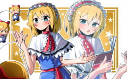 Rule 34 | 1girl, absurdres, alice margatroid, blonde hair, blue dress, blue eyes, book, bright pupils, capelet, closed mouth, commentary, doll joints, dress, english commentary, frilled hairband, frills, hairband, highres, holding, holding book, joints, lolita hairband, looking at viewer, multiple views, open mouth, outline, red hairband, shanghai doll, short hair, spam (spamham4506), star (symbol), touhou, upper body, white capelet, white outline, white pupils