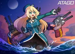 Rule 34 | 1girl, atago (kancolle), beret, black gloves, black pantyhose, blonde hair, breasts, cannon, chain, clochan (dongin1228), evening, frilled sleeves, frills, gloves, green eyes, green hat, hat, highres, kantai collection, large breasts, long hair, long sleeves, military, military uniform, moon, open mouth, outdoors, pantyhose, rigging, solo, turret, uniform, waves