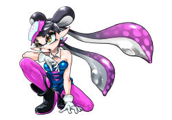 Rule 34 | 1girl, ankle boots, bare shoulders, black hair, blue jumpsuit, boots, bow-shaped hair, breasts, callie (splatoon), cleavage, collarbone, cross-shaped pupils, detached collar, earrings, fangs, food, food on head, gloves, gradient hair, highres, inkling, jewelry, jumpsuit, koharu2.5, long hair, medium breasts, mole, mole under eye, multicolored hair, nintendo, object on head, on one knee, open mouth, pantyhose, pink hair, pink pantyhose, pointy ears, red pupils, short eyebrows, short jumpsuit, simple background, solo, splatoon (series), splatoon 1, suction cups, symbol-shaped pupils, tentacle hair, two-tone hair, very long hair, white background, white gloves, yellow eyes