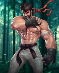 Rule 34 | 1boy, abs, absurdres, alternate facial hair, bamboo, bamboo forest, bandages, bara, beard, belt, black belt, black hair, commentary, cowboy shot, english commentary, facial hair, forest, headband, highres, large pectorals, looking at viewer, male focus, mature male, mouth pull, muscular, muscular male, nature, navel, nipples, patreon logo, patreon username, pectorals, red headband, ryu (street fighter), short hair, silverjow, solo, standing, street fighter, thick eyebrows, thick thighs, thighs, topless male, veins
