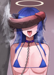 Rule 34 | 1boy, 1girl, arknights, bare shoulders, bdsm, bikini, blue bikini, blue hair, blush, breasts, brown background, censored, chain, chain leash, cleavage, collar, collarbone, commission, demon horns, drooling, erection, furry, furry male, furry with non-furry, gino (gino h), gradient background, halo, heavy breathing, hetero, highres, horns, interspecies, large breasts, large penis, leash, long hair, male pubic hair, micro bikini, mosaic censoring, mostima (arknights), nose blush, open mouth, penis, penis awe, penis on face, penis over eyes, pixiv commission, pubic hair, saliva, skindentation, slave, solo focus, swimsuit, tongue, tongue out, trembling, upper body, veins, veiny penis