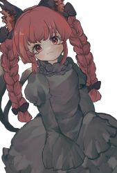 Rule 34 | 1girl, :3, animal ear fluff, black bow, blush, bow, braid, cat tail, dress, eyebrows hidden by hair, green dress, highres, inkopico, juliet sleeves, kaenbyou rin, long hair, long sleeves, looking at viewer, multiple tails, puffy sleeves, red eyes, red hair, simple background, slit pupils, smile, solo, tail, touhou, twin braids, two tails, very long hair, white background