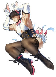Rule 34 | 1boy, animal ears, bara, black hair, boots, corset, crossdressing, elbow gloves, food-themed hair ornament, gloves, hair between eyes, hair ornament, heterochromia, highres, lace, lace-trimmed legwear, lace trim, looking at viewer, male focus, male playboy bunny, muscular, muscular male, neck ribbon, original, rabbit ears, rabbit pose, rabbit tail, red eyes, ribbon, scar, scar on arm, scar on face, short hair, strawberry hair ornament, tail, thighhighs, yukibi (ykb)