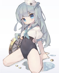 Rule 34 | 1girl, absurdres, arm support, barefoot, black one-piece swimsuit, blue eyes, compass, covered navel, expressionless, feet, grey hair, highres, leaning back, legs apart, long hair, nep (nep 76), no pants, one-piece swimsuit, original, oversized object, school uniform, serafuku, shirt, short sleeves, sitting, solo, swimsuit, swimsuit under clothes, thighs, white headwear, white shirt