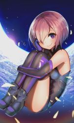 Rule 34 | 1girl, armor, armpits, artist name, bare shoulders, black thighhighs, blush, boots, closed mouth, fate/grand order, fate (series), from side, glowing, greaves, hair over one eye, halterneck, hand on own cheek, hand on own face, harukagi, high heel boots, high heels, legs together, lens flare, leotard, light purple hair, looking at viewer, mash kyrielight, outdoors, purple eyes, purple thighhighs, short hair, sitting, smile, solo, thighhighs, twitter username