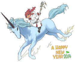 Rule 34 | 10s, 1girl, 2014, boots, brown hair, final fantasy, final fantasy xiv, floating hair, hair ornament, hair ribbon, happy new year, hebichan, horse, lalafell, new year, open mouth, pointy ears, ribbon, riding, robe, simple background, staff, twintails, unicorn, warrior of light (ff14), white background, white mage (final fantasy)