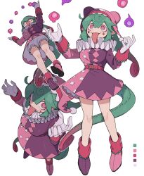 Rule 34 | 1girl, absurdres, arms up, asymmetrical dress, asymmetrical footwear, belt, bloomers, chameleon girl, chameleon tail, color guide, diamond (shape), earrings, from above, from below, gloves, gradient tail, green hair, green tail, hair between eyes, hat, highres, jester cap, jewelry, juggling, long hair, long sleeves, looking at viewer, multicolored eyes, multiple views, neck ruff, original, outline, pink eyes, pink footwear, pink headwear, pink tail, pointy ears, pom pom (clothes), purple footwear, ringed eyes, shoes, simple background, skirt, tail, teardrop tattoo, tongue, tongue out, underwear, white background, white gloves, white outline, zizi niisan