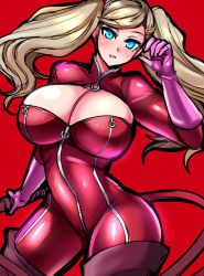 Rule 34 | 10s, 1girl, blonde hair, blue eyes, boots, breasts, cleavage, cleavage cutout, clothing cutout, full-length zipper, gloves, hair ornament, large breasts, long hair, looking at viewer, nishida megane, open mouth, persona, persona 5, smile, solo, takamaki anne, twintails, whip, zipper