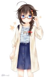 Rule 34 | 1girl, adjusting eyewear, ahoge, alternate costume, bespectacled, black hair, blue eyes, blue skirt, braid, coat, glasses, hair flaps, hair ornament, hair over shoulder, jewelry, kantai collection, necklace, nikoo, red-framed eyewear, shigure (kancolle), shirt, single braid, skirt, solo, striped clothes, striped shirt, yuudachi (kancolle)