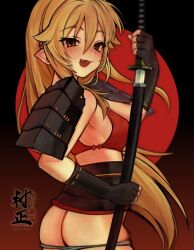 1girl armor ashikaga_chachamaru ass blonde_hair breasts brown_eyes fangs grey_panties holding holding_sword holding_weapon japanese_armor katana long_hair looking_at_viewer medium_breasts open_mouth panties panty_pull pointy_ears sheath shoulder_armor smile sode solo soukou_akki_muramasa sword uee_m underwear unsheathing upper_body very_long_hair weapon