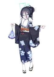 Rule 34 | 1girl, 525 woiwo, absurdres, aris (blue archive), black hair, black headphones, black kimono, blue archive, blue eyes, commentary, floral print kimono, full body, fur-trimmed kimono, fur trim, green halo, hair between eyes, hair bun, halo, highres, japanese clothes, kimono, long bangs, long sleeves, looking at viewer, open mouth, sandals, simple background, single hair bun, smile, solo, standing, tabi, white background, wide sleeves, zouri