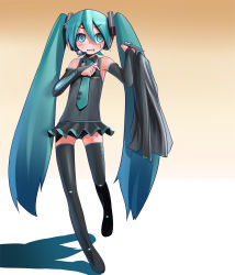 Rule 34 | 1girl, boots, green eyes, green hair, hatsune miku, long hair, matching hair/eyes, necktie, patorishia, patricia (stylish marunage), solo, thigh boots, thighhighs, twintails, very long hair, vocaloid