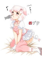 Rule 34 | 1girl, absurdres, animal ears, between legs, black eyes, blush, character name, collarbone, commentary, disembodied hand, gakukuru, gloves, gradient legwear, hair ornament, hairclip, hand between legs, high heels, highres, japari symbol, kemono friends, looking away, multicolored clothes, multicolored legwear, neck ribbon, nose, pig (kemono friends), pig ears, pig tail, pink hair, pink ribbon, pink thighhighs, poking nose, pout, puffy short sleeves, puffy sleeves, ribbon, short hair, short sleeves, sitting, skirt, solo focus, tail, thighhighs, translated, v arms, wariza, white gloves, white skirt