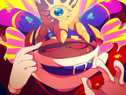 Rule 34 | belt, belt buckle, belt collar, blue belt, blue horns, buckle, cape, collar, commentary request, covered mouth, disembodied hand, fire, gloves, half-closed eyes, horns, kirby (series), large horns, looking at viewer, magolor, master crown, multicolored horns, nintendo, no humans, outline, outstretched hand, pointing, pointing at self, purple background, purple horns, rayman limbs, red cape, red eyes, scarf, shirushiki, solid eyes, solo, straight-on, sweatdrop, two-tone background, two-tone horns, upper body, white gloves, white outline, white scarf, yellow background, yellow headwear