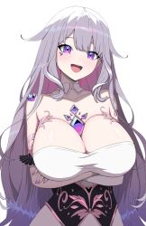 Rule 34 | 1girl, absurdres, alternate breast size, blush, breast focus, breasts, chest jewel, circlet, colored inner hair, daydarion, dress, gem, grey hair, hair ornament, highres, hololive, hololive english, huge breasts, jewel under eye, koseki bijou, long hair, looking at viewer, multicolored hair, open mouth, pink hair, purple eyes, simple background, smile, solo, very long hair, virtual youtuber, white dress