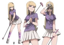 Rule 34 | 1girl, :p, animification, argyle, argyle clothes, argyle legwear, ball, blonde hair, blunt bangs, bracelet, breasts, cowboy shot, diamond (gemstone), earrings, eyeshadow, frown, full body, gloves, golf, golf ball, golf club, gravity falls, green eyes, high ponytail, highres, jewelry, jourd4n, kneehighs, long hair, looking at viewer, makeup, medium breasts, miniskirt, multiple views, pacifica northwest, pleated skirt, polo shirt, purple eyeshadow, purple shirt, shirt, shoes, simple background, single glove, skirt, smile, socks, taunting, tongue, tongue out, white background, white gloves, white skirt