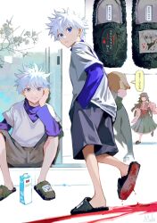 Rule 34 | 1boy, 2girls, absurdres, alluka zoldyck, blood, blood on shoes, blood splatter, blood stain, blue shirt, closed mouth, hands in pockets, highres, hunter x hunter, killua zoldyck, kyuuba melo, layered sleeves, long sleeves, looking at viewer, multiple girls, senritsu, shirt, short hair, short over long sleeves, short sleeves, signature, slippers, smile, spiked hair, v-neck, white hair, white shirt