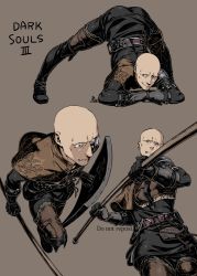 Rule 34 | 1boy, bald, belt, black footwear, black gloves, black jacket, black pants, boots, brown background, brown gloves, brown pants, clenched teeth, dark souls (series), dark souls iii, gloves, highres, holding, holding polearm, holding shield, holding weapon, jacket, kamezaemon, knee boots, male focus, meme, multiple views, pants, patches (from software), polearm, pouch, shield, side cape, simple background, smile, teeth, weapon