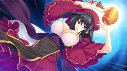 Rule 34 | 1girl, arms up, ayase hazuki, black hair, breasts, cleavage, game cg, hammer, hat, huge breasts, japanese clothes, kamidere, long hair, looking at viewer, open mouth, pink eyes, simple background, solo, standing