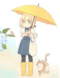 Rule 34 | 1girl, 87banana, :3, artoria pendragon (all), artoria pendragon (fate), bag, black pantyhose, blue skirt, boots, cat, closed mouth, commentary request, fate/stay night, fate (series), full body, green eyes, holding, holding bag, holding umbrella, pantyhose, puffy short sleeves, puffy sleeves, saber (fate), short sleeves, skirt, smile, snail, spring onion, standing, umbrella, white background, yellow footwear, yellow umbrella