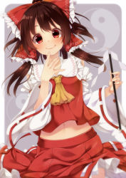 Rule 34 | 1girl, alza, ascot, bow, brown hair, detached sleeves, finger to own chin, gohei, hair bow, hair tubes, hakurei reimu, long sleeves, looking at viewer, navel, red eyes, shirt, skirt, skirt set, smile, solo, touhou, wide sleeves, yin yang