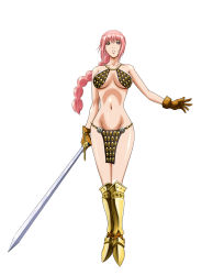 Rule 34 | 1girl, absurdres, armor, bikini armor, braid, breasts, female focus, gladiator, gloves, highres, large breasts, long hair, looking at viewer, one piece, pink hair, rebecca (one piece), simple background, solo, soukichi, sword, weapon