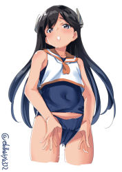 Rule 34 | 1girl, black hair, blouse, blush, ebifurya, headgear, highres, i-400 (kancolle), kantai collection, long hair, looking at viewer, one-piece swimsuit, open mouth, orange sailor collar, pulled by self, purple eyes, sailor collar, sailor shirt, school swimsuit, shirt, simple background, sleeveless, sleeveless shirt, solo, swimsuit, swimsuit under clothes, white background, white shirt
