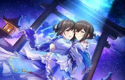 Rule 34 | 2girls, architecture, brown hair, east asian architecture, game cg, hug, idolmaster, idolmaster cinderella girls, idolmaster cinderella girls starlight stage, japanese clothes, multiple girls, official art, sagisawa fumika, shooting star, sky, smile, star (sky), starry sky, takafuji kako, tears, yellow eyes