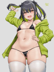 Rule 34 | 1girl, bikini, black bikini, black hair, blush, breasts, brown eyes, cowboy shot, from below, gluteal fold, green hair, green jacket, grey background, hand on own hip, highres, jacket, long hair, long sleeves, looking at viewer, micro bikini, multicolored hair, navel, oekakizuki, open mouth, original, simple background, skindentation, small breasts, smile, solo, swimsuit, thighhighs, thighs, two side up, white thighhighs