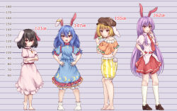 Rule 34 | 4girls, animal ears, barefoot, black hair, blonde hair, blue dress, blue hair, breasts, commentary request, crescent print, crossed arms, dango, dress, floppy ears, food, full body, hand on own hip, hands on own hips, hat, height chart, highres, holding, inaba tewi, long hair, medium breasts, midriff, mizunisabano, multiple girls, necktie, petite, pink dress, purple hair, rabbit ears, rabbit tail, red eyes, red skirt, reisen udongein inaba, ringo (touhou), seiran (touhou), shirt, short hair, shorts, skirt, small breasts, standing, star (symbol), star print, tail, touhou, very long hair, wagashi, white shirt