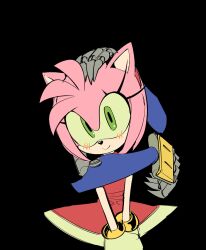 Rule 34 | 1boy, 1girl, amy rose, arm around shoulder, armor, bare shoulders, blue armor, blush, bracelet, clueless, dress, fake claws, gloves, green eyes, hairband, hand on another&#039;s head, head tilt, hedgehog ears, hedgehog girl, highres, hug, hug from behind, jewelry, long eyelashes, looking at viewer, mechanical arms, metal sonic, mojunpwo, own hands together, pink fur, pink headwear, possessive, red dress, red hairband, robot, short hair, sleeveless, sleeveless dress, smile, solo focus, sonic (series), white gloves
