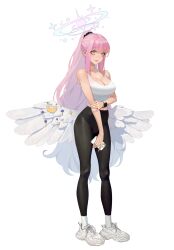 Rule 34 | 1girl, alternate costume, angel wings, bare arms, bare shoulders, black leggings, black scrunchie, blue archive, blush, breasts, cellphone, cleavage, closed mouth, feathered wings, full body, gradient hair, grey hair, hair ornament, hair scrunchie, halo, highres, holding, holding own arm, holding phone, hongcasso, large breasts, leggings, long hair, looking at viewer, low wings, midriff, mika (blue archive), multicolored hair, navel, phone, pink hair, pink halo, ponytail, scrunchie, shoes, sidelocks, simple background, smartphone, smartwatch, smile, sneakers, socks, solo, standing, tank top, very long hair, watch, white background, white footwear, white socks, white tank top, white wings, wing ornament, wings, wristwatch, yellow eyes
