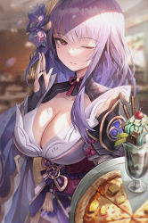 Rule 34 | 1girl, artist request, blurry, blurry background, bow, bowtie, breasts, bridal gauntlets, cherry, cleavage, closed mouth, commentary request, cream, fingernails, food, fruit, genshin impact, hair ornament, hand up, heart, heart-shaped pupils, highres, holding, ice cream, japanese clothes, large breasts, lips, long sleeves, looking at viewer, mint chocolate, mint chocolate chip, mole, mole under eye, nail polish, obi, one eye closed, pineapple, pineapple slice, pizza, purple eyes, purple hair, raiden shogun, sash, simple background, solo, sundae, symbol-shaped pupils, tray, upper body, wide sleeves
