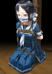Rule 34 | 1girl, arms behind back, bdsm, black hair, blush, bondage, bound, breasts, brown eyes, cloth gag, dark, double stripe, dress, full body, gag, gagged, half-closed eyes, improvised gag, indoors, itou tatsuya, kneeling, layered gags, long hair, low twintails, name tag, over the nose gag, rope gag, sailor dress, shibari, shibari over clothes, sitting, small breasts, solo, sweat, tears, twintails, uniform
