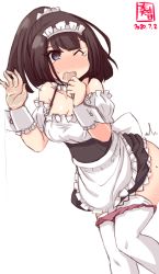 Rule 34 | 1girl, ahoge, akizuki (kancolle), alternate costume, apron, artist logo, black eyes, black hair, black skirt, blouse, commentary request, cowboy shot, dated, detached collar, enmaided, frilled apron, frilled shirt, frilled skirt, frills, highres, implied sex, kanon (kurogane knights), kantai collection, long hair, looking back, maid, off-shoulder blouse, one eye closed, panties, panty pull, ponytail, saliva, shirt, simple background, skirt, solo, suspender skirt, suspenders, thighhighs, underwear, waist apron, white apron, white background, white shirt, white thighhighs