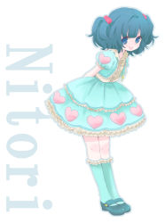 Rule 34 | 1girl, alternate costume, arms behind back, bad id, bad pixiv id, blue eyes, blue hair, blue socks, character name, dress, female focus, hair bobbles, hair ornament, heart, ica, kawashiro nitori, kneehighs, lolita fashion, mary janes, matching hair/eyes, shoes, short hair, smile, socks, solo, touhou, twintails, two side up