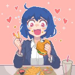 Rule 34 | 1girl, blue hair, blush, collared shirt, cup, drinking straw, eating, food, french fries, burger, hcnone, heart, holding, holding food, looking away, open mouth, original, pink eyes, pixel art, shirt, short hair, skye (hcnone), smile, solo, white shirt