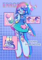 Rule 34 | 1girl, blue skin, colored skin, commentary, dango, dress, english commentary, english text, feefal, food, gradient background, heart, highres, original, personification, pink eyes, plaid, plaid dress, shoes, smiley face, sneakers, socks, solo, sparkle, star sticker, sticker, sticker on arm, sticker on face, sticker on leg, wagashi, yellow socks