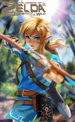 Rule 34 | belt, blonde hair, blue eyes, blue shirt, blurry, blurry background, blurry foreground, bokeh, book, bow (weapon), brown gloves, buckler, closed mouth, commentary request, copyright name, depth of field, elf, fighting stance, fingerless gloves, forest, gloves, hair between eyes, hands up, highres, holding, holding bow (weapon), holding weapon, kuiyanxu, leaf, link, long hair, looking at viewer, male focus, nature, nintendo, nostrils, outdoors, outstretched arm, pointy ears, ponytail, ready to draw, serious, shield, shield on back, shirt, solo, sunlight, sword, the legend of zelda, the legend of zelda: breath of the wild, tunic, v-shaped eyebrows, weapon, weapon on back