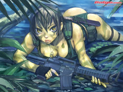 Rule 34 | 1girl, 2005, ass, assault rifle, bandages, breasts, camouflage, cleavage, dog tags, galge.com, gloves, gun, jungle, knife, konchiki, large breasts, lips, m16, m4 carbine, mud, nature, rifle, solo, thigh strap, wallpaper, weapon, wedgie, yellow eyes