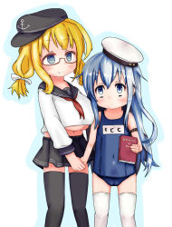 Rule 34 | 10s, 2girls, anchor, black legwear, blonde hair, blush, book, child, eyebrows, glasses, hair ornament, hat, heart, hibiki (kancolle), highres, holding, holding hands, i-8 (kancolle), kantai collection, long hair, looking at viewer, multiple girls, navel, one-piece swimsuit, p3 (co2 3p), sailor, simple background, skirt, smile, standing, swimsuit, thighhighs, uniform, white background, white legwear