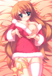 Rule 34 | 1girl, absurdres, bare shoulders, blush, breast lift, breasts, highres, large breasts, looking at viewer, lying, munyuu, nipples, no panties, on back, partially visible vulva, pussy, pussy peek, red hair, ribbon, santa costume, solo, thighhighs