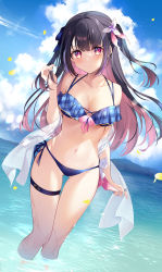 Rule 34 | 1girl, absurdres, bare shoulders, bikini, black hair, blue bikini, blue sky, breasts, cleavage, closed mouth, cloud, cloudy sky, collarbone, commentary request, day, flower, hagoromo, hair flower, hair ornament, highres, hina misora, kisaragi yuri, long hair, looking at viewer, medium breasts, multicolored hair, outdoors, pink hair, plaid, plaid bikini, red eyes, shawl, side-tie bikini bottom, sky, solo, standing, swimsuit, transparent, two-tone hair, two side up, very long hair, virtual youtuber, wactor production, wading, water, white flower