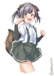Rule 34 | 1girl, animal ears, arm warmers, blunt bangs, dog ears, dog tail, ebifurya, extra ears, grey eyes, grey hair, grey skirt, highres, kantai collection, ooshio (kancolle), open mouth, paw pose, pleated skirt, school uniform, shirt, short hair, short sleeves, short twintails, simple background, skirt, smile, solo, suspender skirt, suspenders, tail, twintails, twitter username, white background, white shirt
