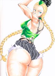 Rule 34 | 1girl, absurdres, ass, ass focus, blonde hair, blue eyes, breasts, cammy white, capcom, earrings, from behind, gloves, hat, highres, jewelry, long hair, looking back, medium breasts, micro shorts, octavius dp, shorts, solo, street fighter