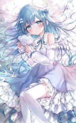 Rule 34 | 1girl, :o, angel wings, blue bow, blue bowtie, blue dress, blue eyes, blue hair, blush, bow, bowtie, breasts, clothing cutout, commentary, dress, feet out of frame, frilled dress, frills, gradient dress, hair bow, hair ornament, hairclip, halo, highres, holding, holding stuffed toy, knees up, long hair, looking at viewer, lying, on side, original, purple dress, shoulder cutout, small breasts, stuffed animal, stuffed toy, symbol-only commentary, teddy bear, thighhighs, tsumugi 8345, white thighhighs, wings