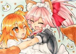 Rule 34 | 2girls, ahoge, animal collar, animal ear fluff, animal ears, animal hands, animal print, apron, bell, blush, breasts, cat paws, cat print, closed eyes, collar, commentary request, fang, fate/grand order, fate (series), fox ears, fox girl, fox tail, fujimaru ritsuka (female), hair between eyes, imminent hug, jingle bell, long hair, long sleeves, looking at another, maid apron, maid headdress, multiple girls, neck bell, one eye closed, open mouth, orange eyes, orange hair, pink hair, ponytail, puffy sleeves, red collar, shirt, short sleeves, side ponytail, simple background, smile, sweatdrop, tail, tamamo (fate), tamamo cat (fate), tamamo cat (second ascension) (fate), teeth, traditional media, upper body, white shirt, yukkurisarasa