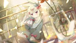 Rule 34 | 1girl, absurdres, animal ears, blonde hair, blush, bow, braid, closed mouth, dress, hair between eyes, hair bow, highres, long hair, long sleeves, looking at viewer, original, red bow, red eyes, shiro9jira, sleeves past fingers, sleeves past wrists, smile, solo, upper body